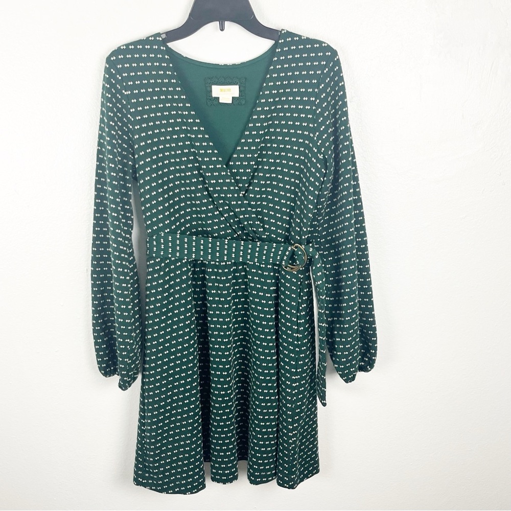 ANTHROPOLOGIE MAEVE Malta Green Polka Dot Belted Waist Pockets Dress Medium
